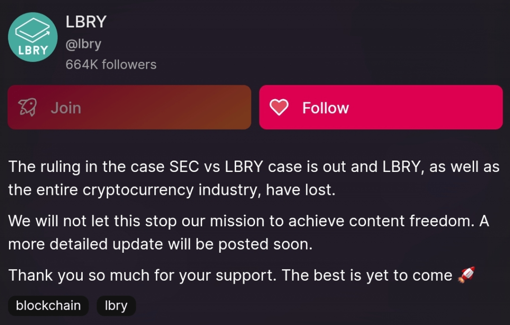 Crypto platform LBRY lost its case against SEC 1