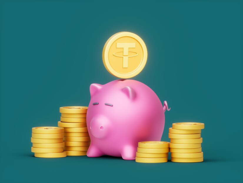 Tether piggy bank pile stack coins cryptocurrency 