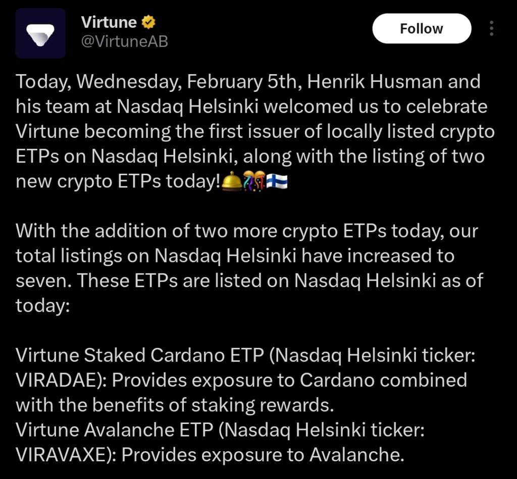 Virtune Cardano ADA spot ETP launched on Nasdaq Helsinki. 