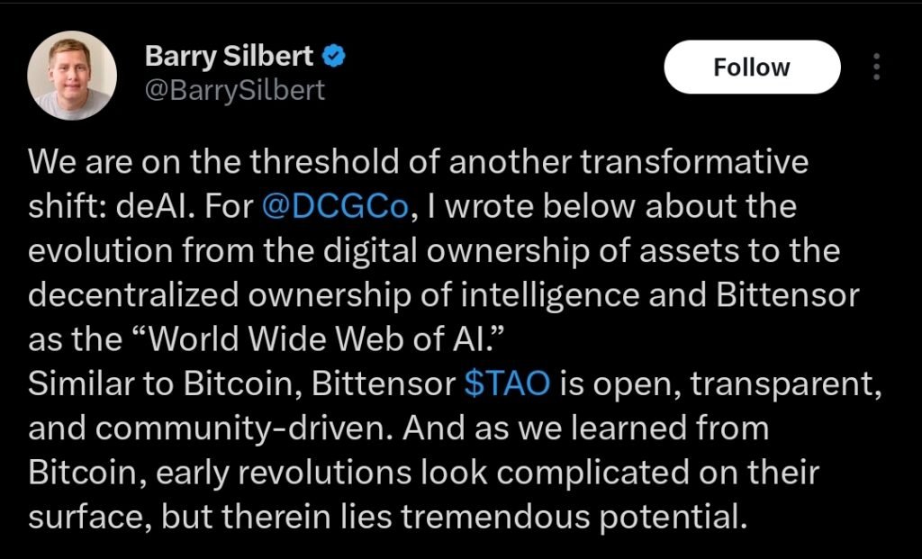 Barry Silbert on crypto decentralised Artificial intelligence (deAI). Source: x.com/BarrySilbert