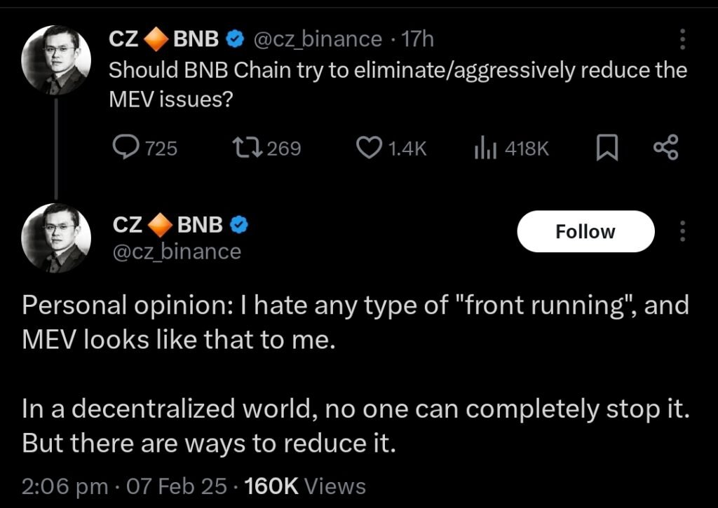 Binance co-founder CZ on BNB chain & MEV malicious actors. Source: x.com/cz_binance