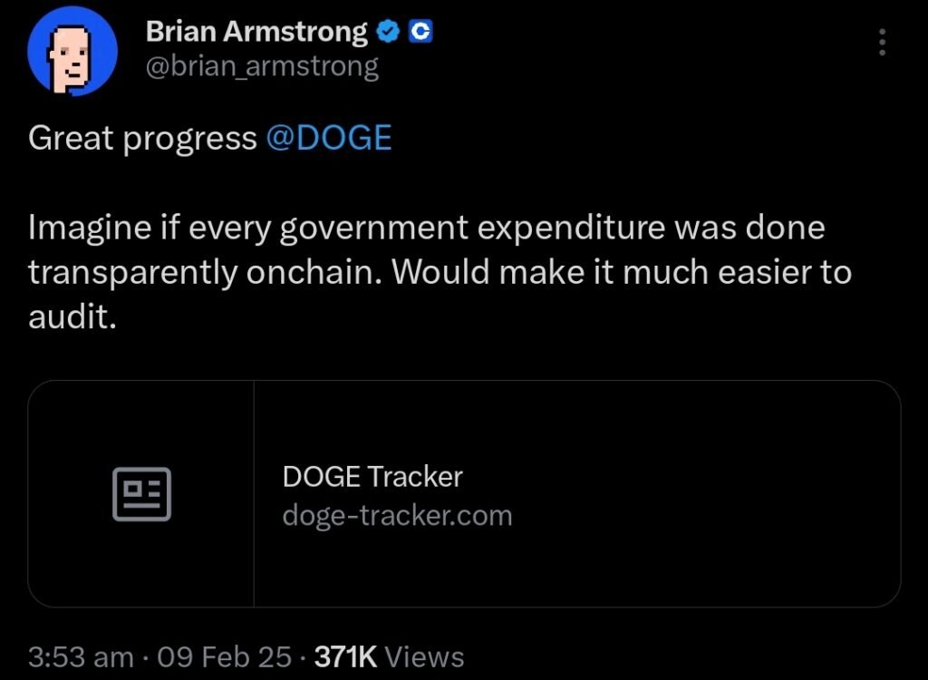 Brian Armstrong suggested Elon Musk & DOGE department for Blockchain adoption 