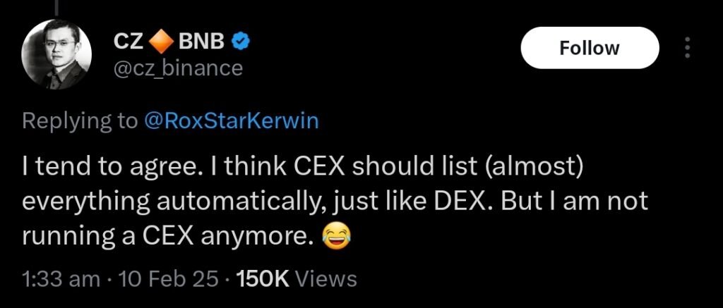 Binance co-founder CZ on token listing