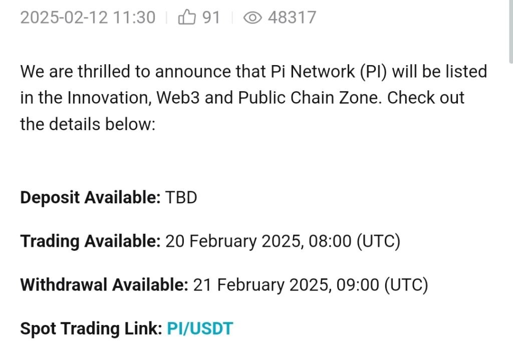 Pi token listing annnoucment by Bitget exchange 