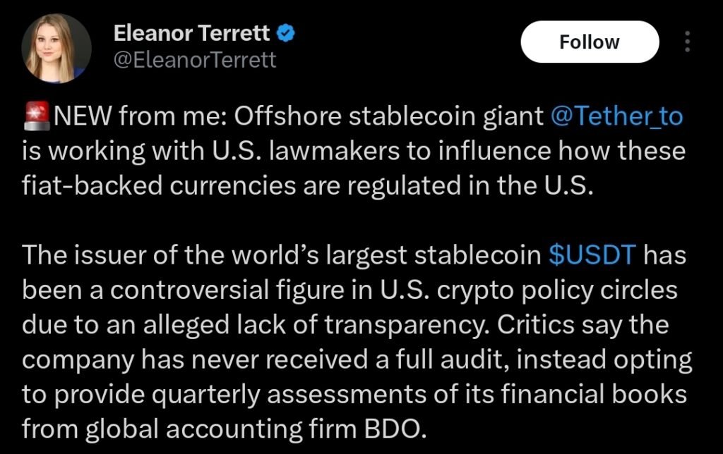 X.com/EleanorTerrett on Tether working with US regulators 